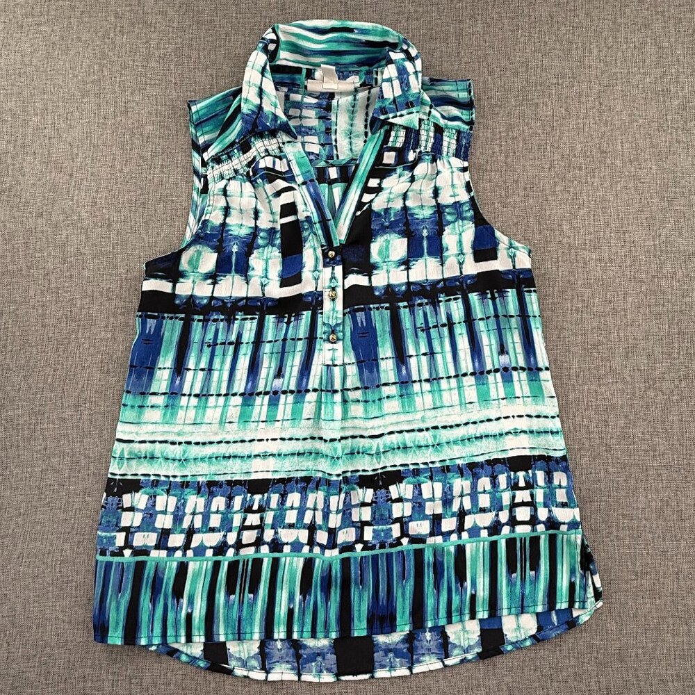 DANA BUCHMAN Top Small Collared V-Neck Sleeveless Greenโ Blue Relaxed Fit